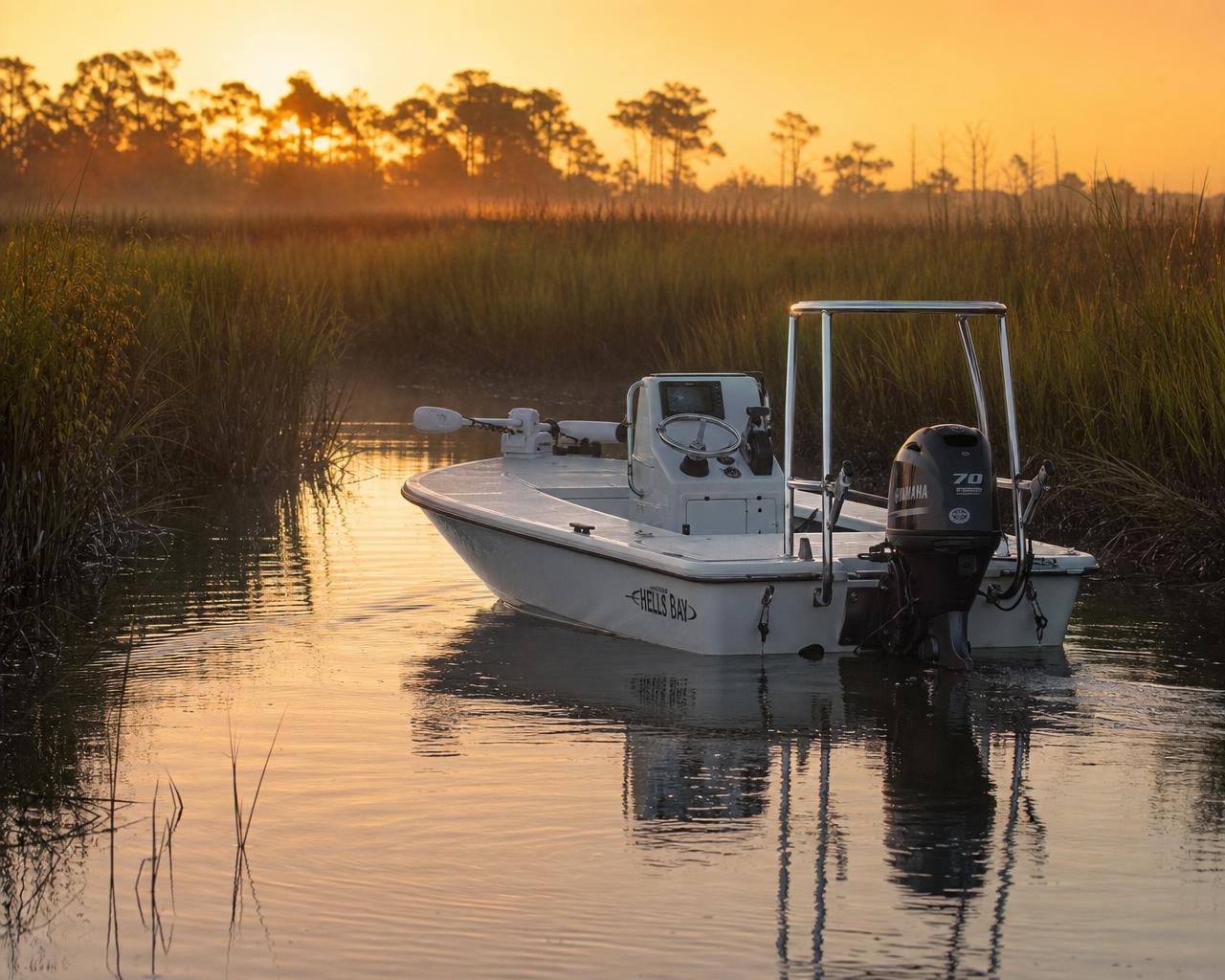 Flats skiff idling through Lowcountry tidal creeks at sunrise