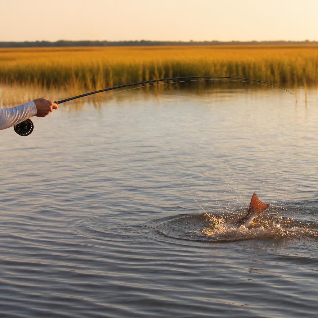Fly rod bent deep on a low-tide red