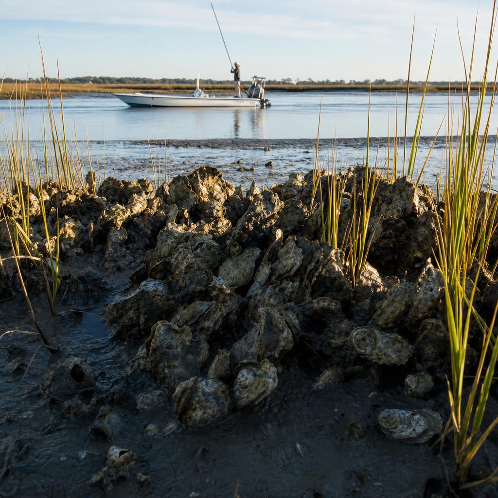 Exposed Lowcountry oyster bar at low tide with a flats skiff nearby
